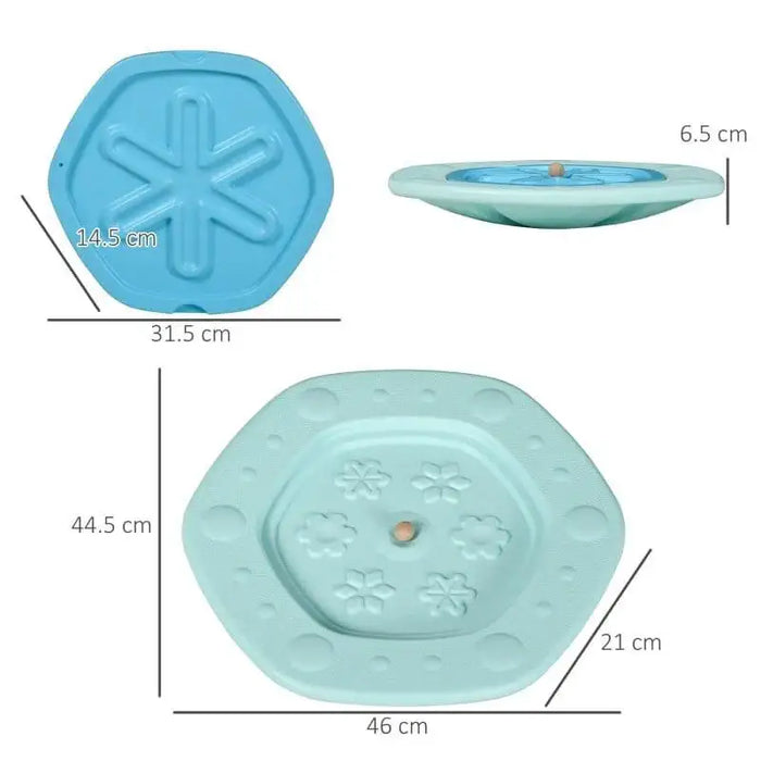 Blue kids balance board with flower and snowflake patterns, dimensions in centimeters shown