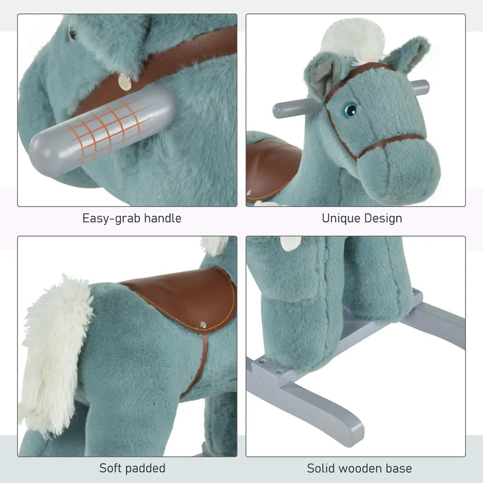 Blue plush rocking horse toy with easy-grab handles, soft padding, unique design, and solid wooden base