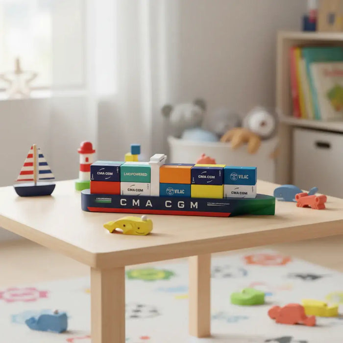 Wooden toy container ship with colorful magnetic containers on a child’s table in a bright playroom