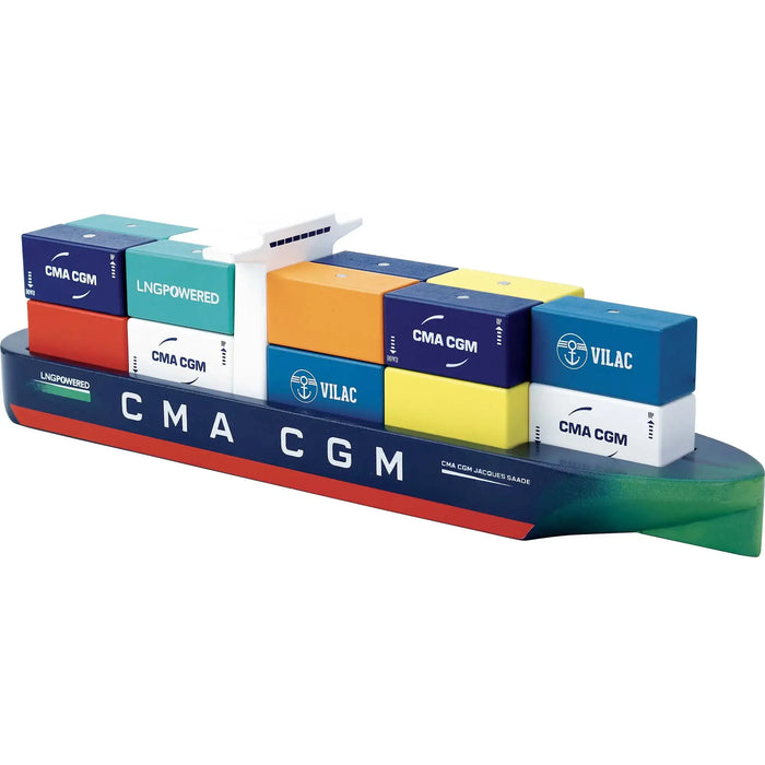 Interactive wooden toy container ship with colorful magnetic containers branded CMA CGM and Vilac