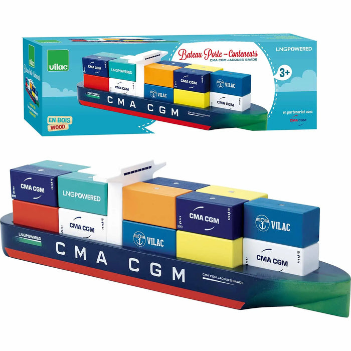 Vilac wooden toy container ship with colorful magnetic containers, CMA CGM Jacques Saade model for kids 3+