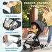 Stroller with features highlighted and a woman pushing a child in a stroller outdoors.