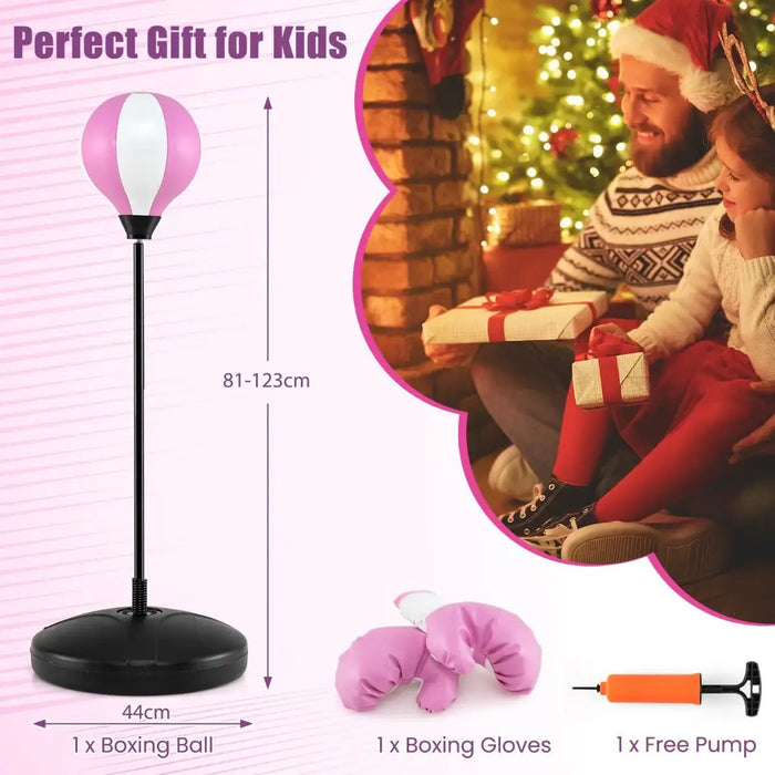 Kids adjustable pink and white boxing ball with stand, gloves, and free pump for children