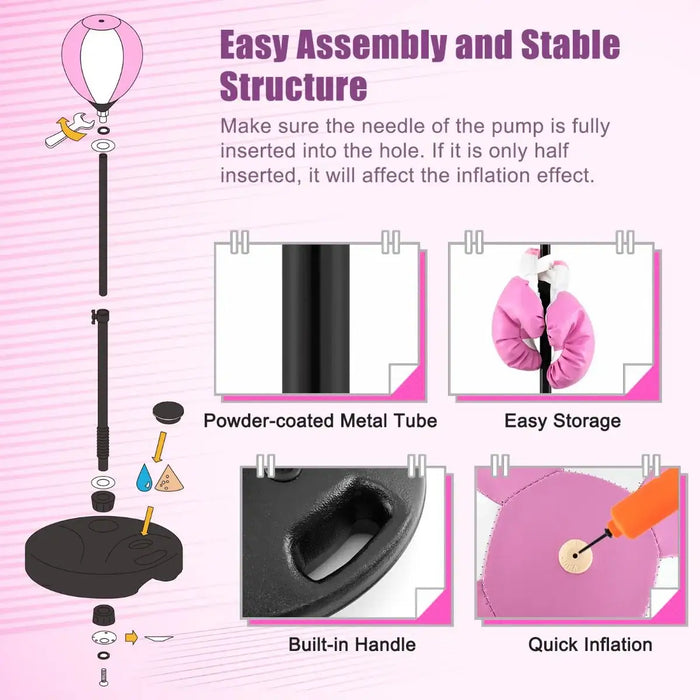 Diagram illustrating easy assembly of a pink and white punching bag stand with powder-coated metal tube and built-in handle