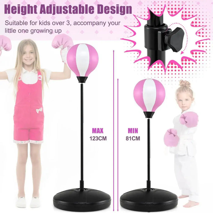 Kids adjustable height pink and white punching bag with stand for children over 3