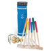 Wooden junior croquet set for 6 players with colorful mallets, balls, wickets, and blue storage bag