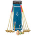 Junior wooden croquet set for 6 players with colorful mallets, balls, wickets, and blue storage bag