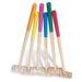 Six wooden junior croquet mallets with colorful handles in orange, yellow, pink, blue, green, and red