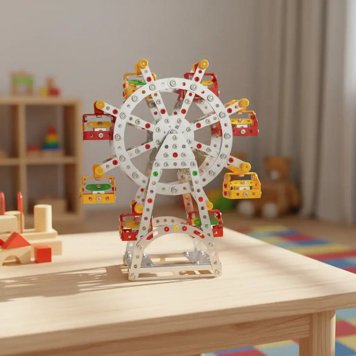 Metal Ferris wheel STEM kit model on wooden table in a colorful children's playroom