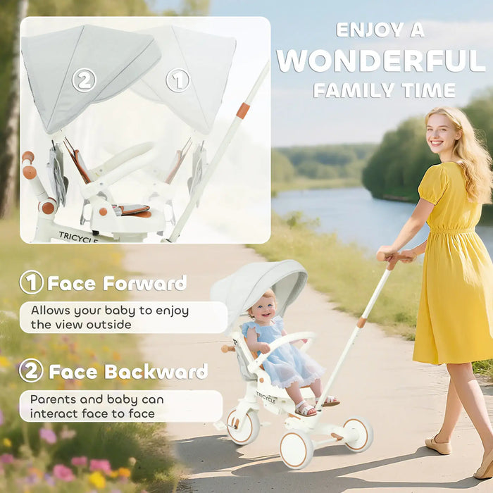 Woman pushing a baby in a white stroller with text explaining features, outdoors.