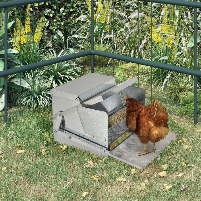 Brown hen standing next to a galvanized metal chicken feeder inside wire fence enclosure on grass