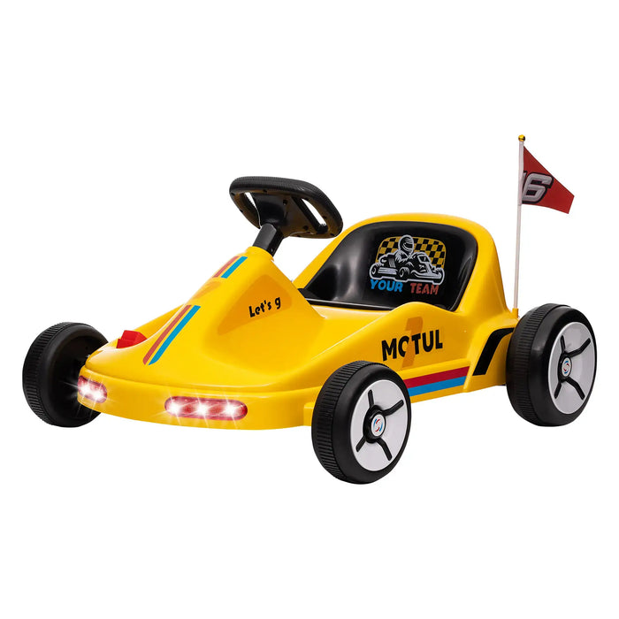 Yellow toy go-kart with black seat and red flag on a white background