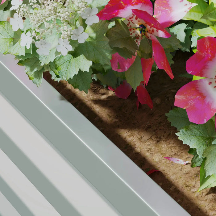Close-up of red and white flowers with green leaves in outdoor garden bed next to white siding