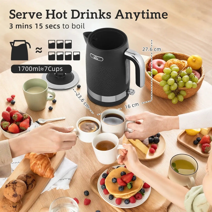 Electric kettle on a table with hot drinks and fruits, with text indicating serving hot drinks anytime.