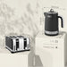 Black toaster and kettle with dimensions on a neutral background