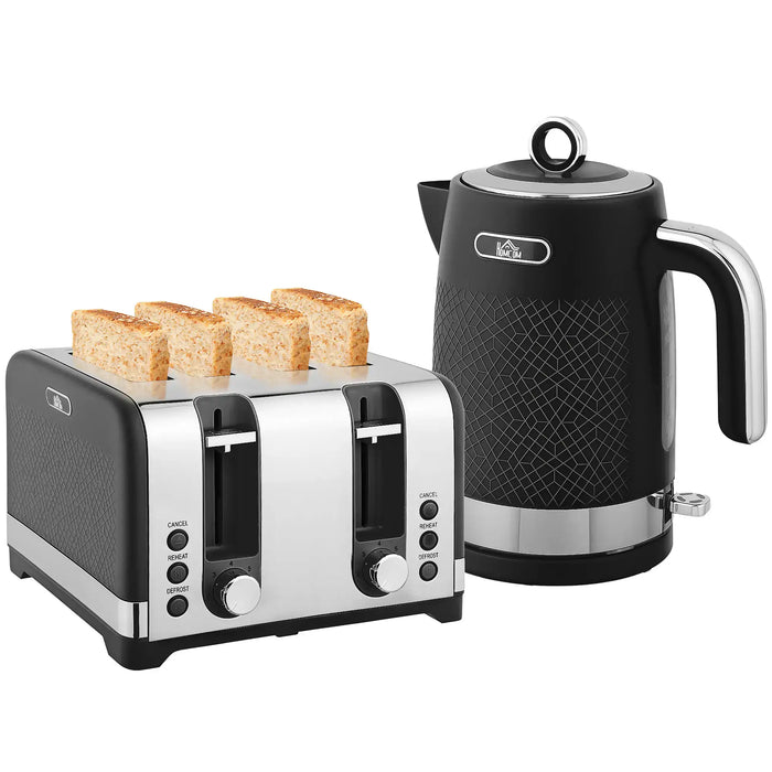 Black and silver toaster with four slices of toast and a black kettle on a white background