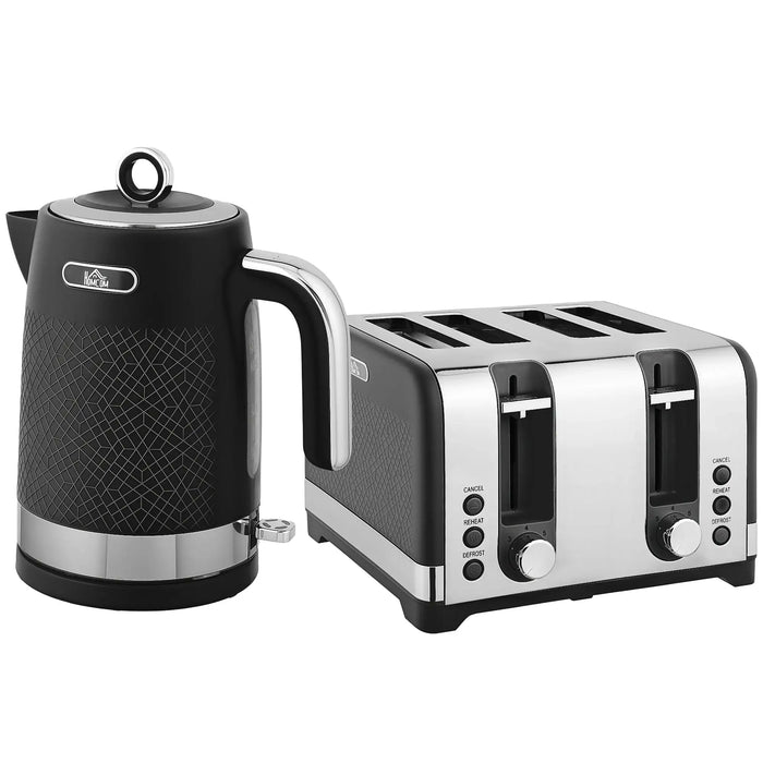 Black and silver electric kettle and toaster on a white background