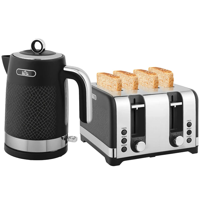 Black kettle and silver toaster with four slices of toast on a white background