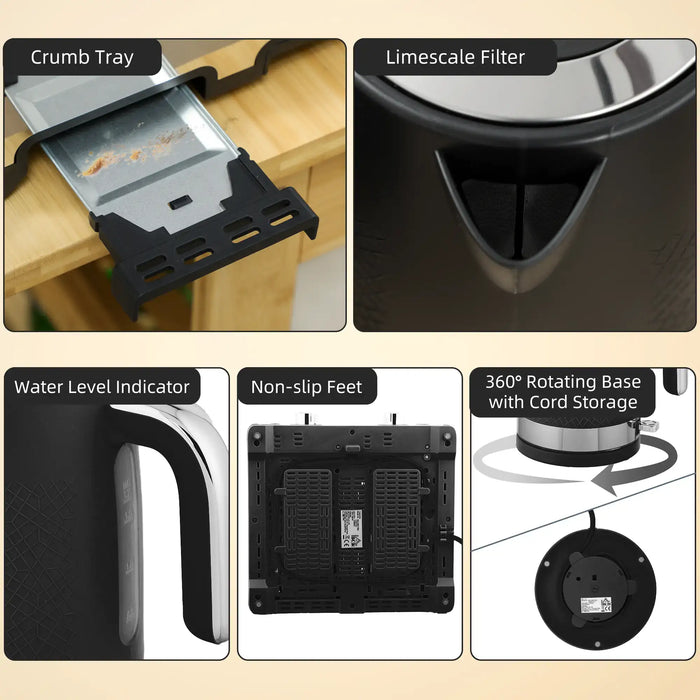 Collage of features including crumb tray, limescale filter, water level indicator, non-slip feet, and 360-degree rotating base with cord storage.