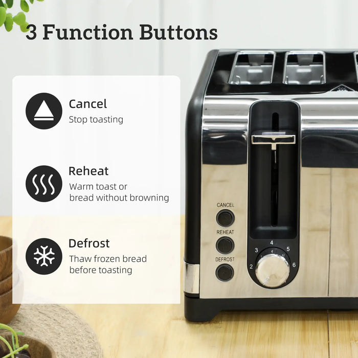 Toaster with control panel and function buttons on a wooden surface