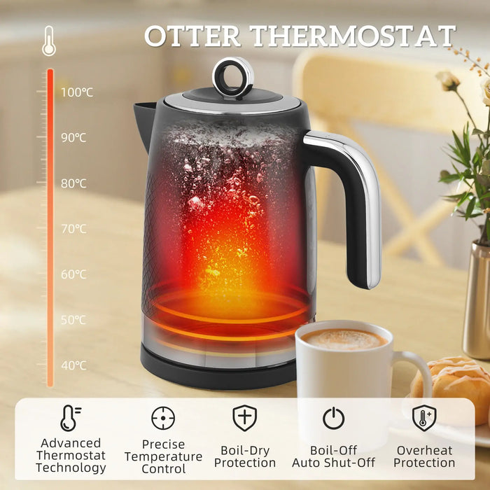 Electric kettle with temperature display and features listed, set against a blurred kitchen background.