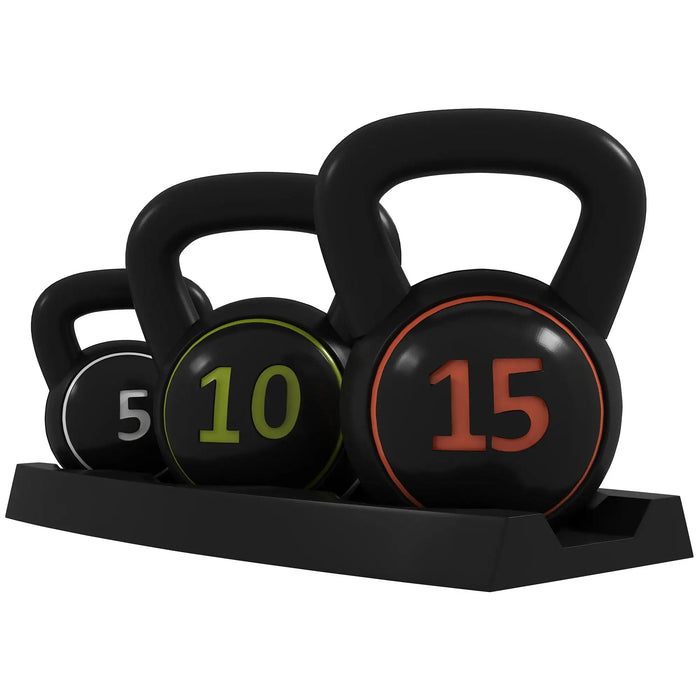 Three-Piece Kettlebell Set | 5lbs, 10lbs and 15lbs with Storage Tray - Little and Giant Explorers SPORTNOW