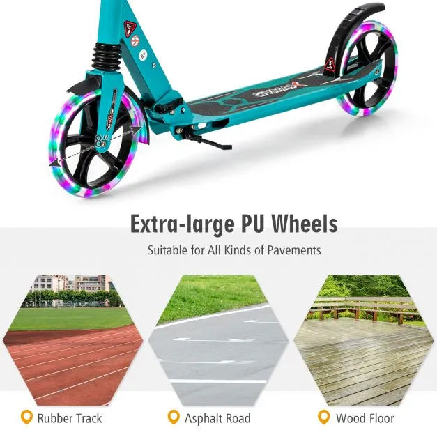 Kick Scooter - Turquoise | Adjustable Height, Suspension and LED Wheels - Adults and Teens COSTWAY - Little and Giant Explorers Costway