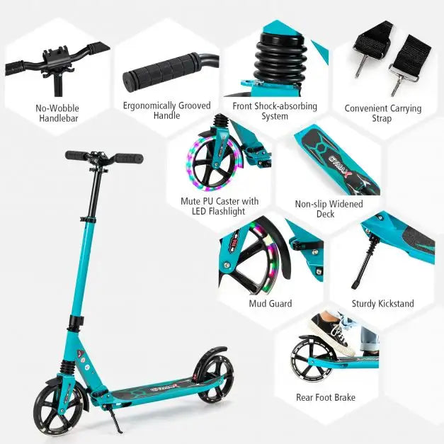 Kick Scooter - Turquoise | Adjustable Height, Suspension and LED Wheels - Adults and Teens COSTWAY - Little and Giant Explorers Costway