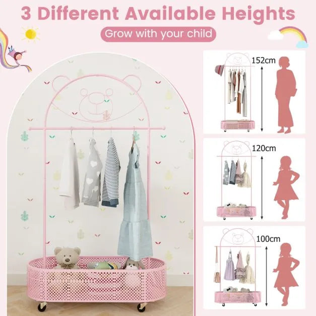 Kid Clothes Rack with 3 Adjustable Heights in Pink - Little and Giant Explorers Costway