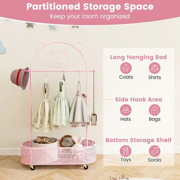 Kid Clothes Rack with 3 Adjustable Heights in Pink - Little and Giant Explorers Costway