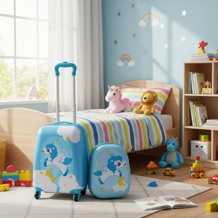 Kids 2-Piece Luggage & Backpack Set – Blue Unicorn-Design | Hard-shell Suitcase COSTWAY - Little and Giant Explorers Costway