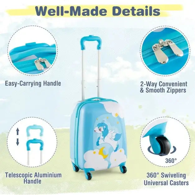 Kids 2-Piece Luggage & Backpack Set – Blue Unicorn-Design | Hard-shell Suitcase COSTWAY - Little and Giant Explorers Costway