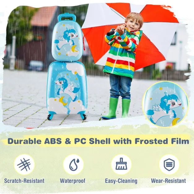 Kids 2-Piece Luggage & Backpack Set – Blue Unicorn-Design | Hard-shell Suitcase COSTWAY - Little and Giant Explorers Costway