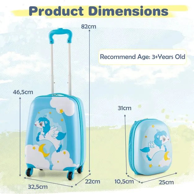Kids 2-Piece Luggage & Backpack Set – Blue Unicorn-Design | Hard-shell Suitcase COSTWAY - Little and Giant Explorers Costway