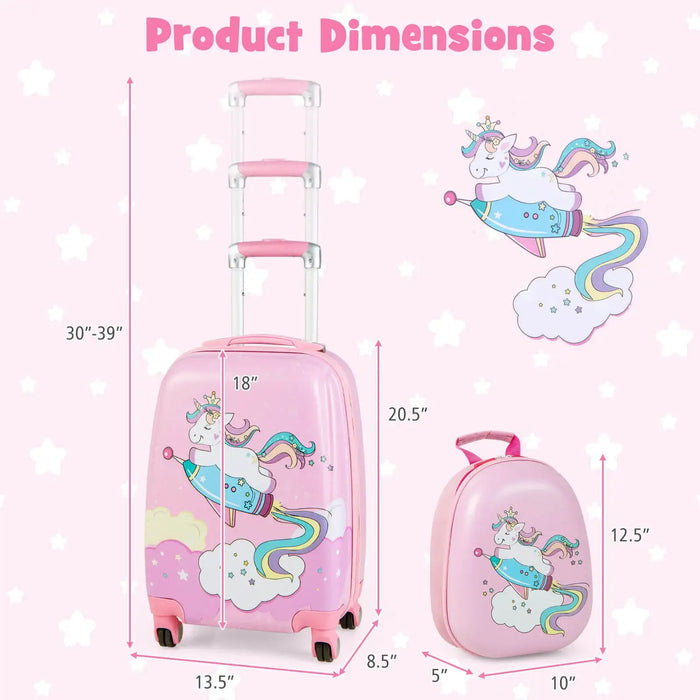 Kids 2-Piece Luggage and Backpack Set – Pink Unicorn-Design | Travel Trolley Case COSTWAY - Little and Giant Explorers Costway