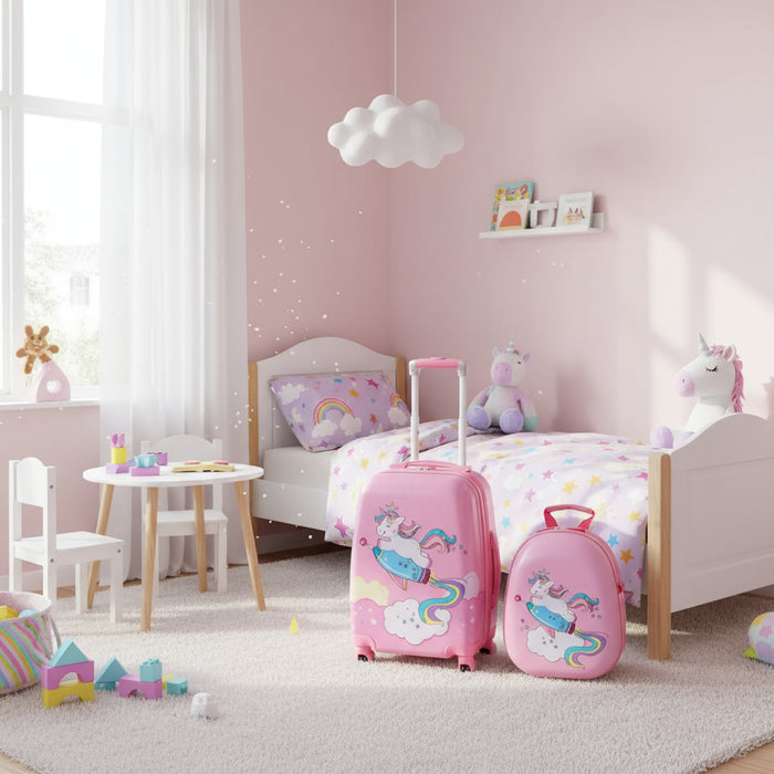 Kids 2-Piece Luggage and Backpack Set – Pink Unicorn-Design | Travel Trolley Case COSTWAY - Little and Giant Explorers Costway