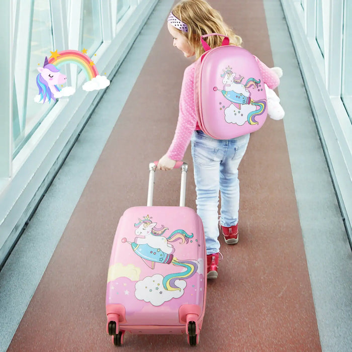 Kids 2-Piece Luggage and Backpack Set – Pink Unicorn-Design | Travel Trolley Case COSTWAY - Little and Giant Explorers Costway