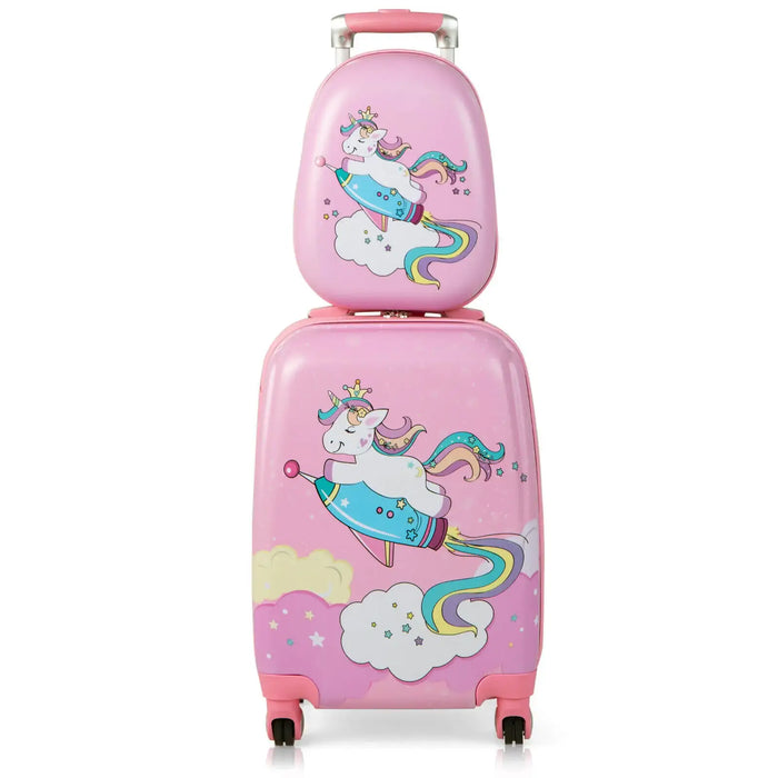 Kids 2-Piece Luggage and Backpack Set – Pink Unicorn-Design | Travel Trolley Case COSTWAY - Little and Giant Explorers Costway