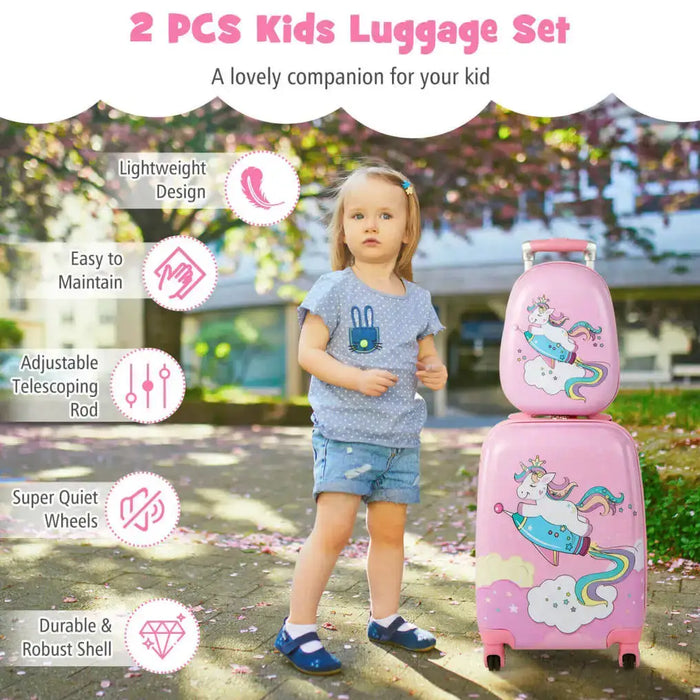 Kids 2-Piece Luggage and Backpack Set – Pink Unicorn-Design | Travel Trolley Case COSTWAY - Little and Giant Explorers Costway
