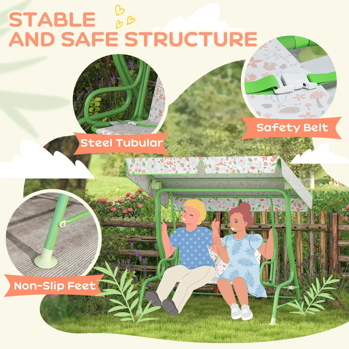 Kids 2-Seater Swing | Green Steel Construction with Adjustable Fox Pattern Canopy - Little and Giant Explorers AIYAPLAY