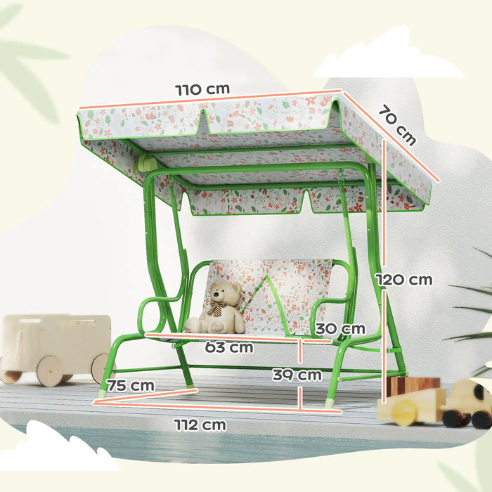Kids 2-Seater Swing | Green Steel Construction with Adjustable Fox Pattern Canopy - Little and Giant Explorers AIYAPLAY
