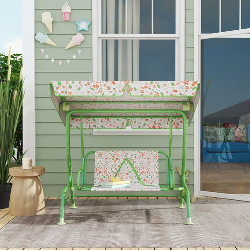 Kids 2-Seater Swing | Green Steel Construction with Adjustable Fox Pattern Canopy - Little and Giant Explorers AIYAPLAY