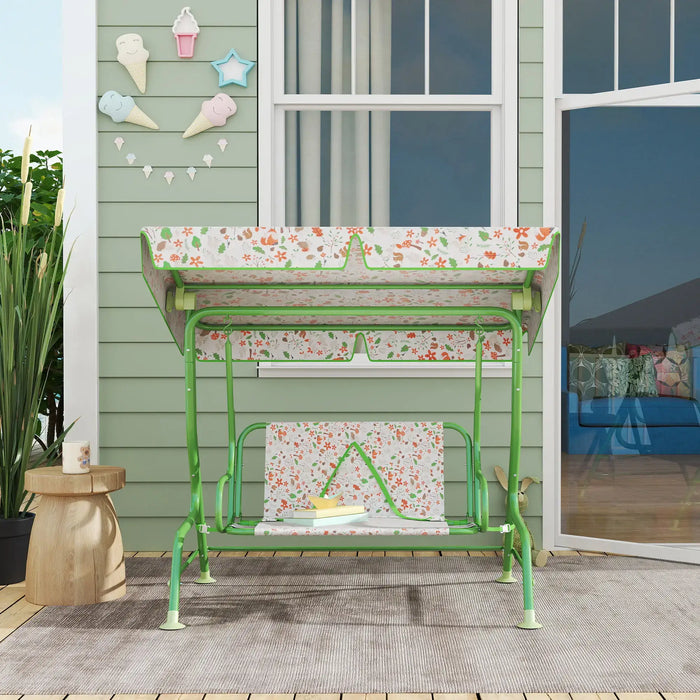Kids 2-Seater Swing | Green Steel Construction with Adjustable Fox Pattern Canopy - Little and Giant Explorers AIYAPLAY