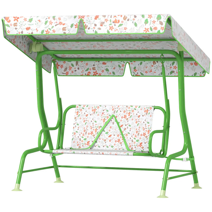 Kids 2-Seater Swing | Green Steel Construction with Adjustable Fox Pattern Canopy - Little and Giant Explorers AIYAPLAY