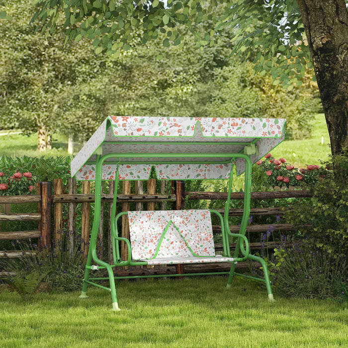 Kids 2-Seater Swing | Green Steel Construction with Adjustable Fox Pattern Canopy - Little and Giant Explorers AIYAPLAY