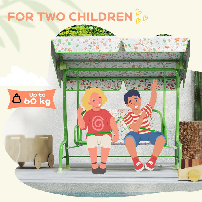 Kids 2-Seater Swing | Green Steel Construction with Adjustable Fox Pattern Canopy - Little and Giant Explorers AIYAPLAY