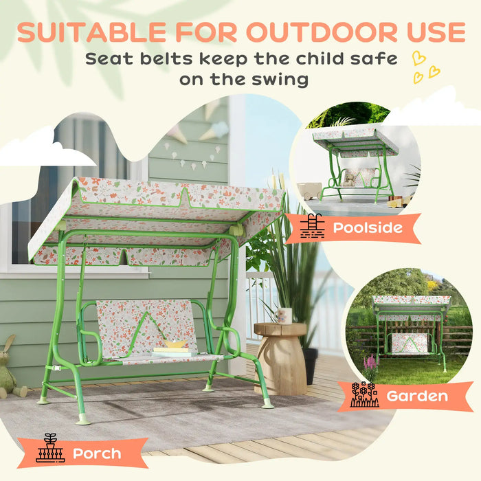 Kids 2-Seater Swing | Green Steel Construction with Adjustable Fox Pattern Canopy - Little and Giant Explorers AIYAPLAY