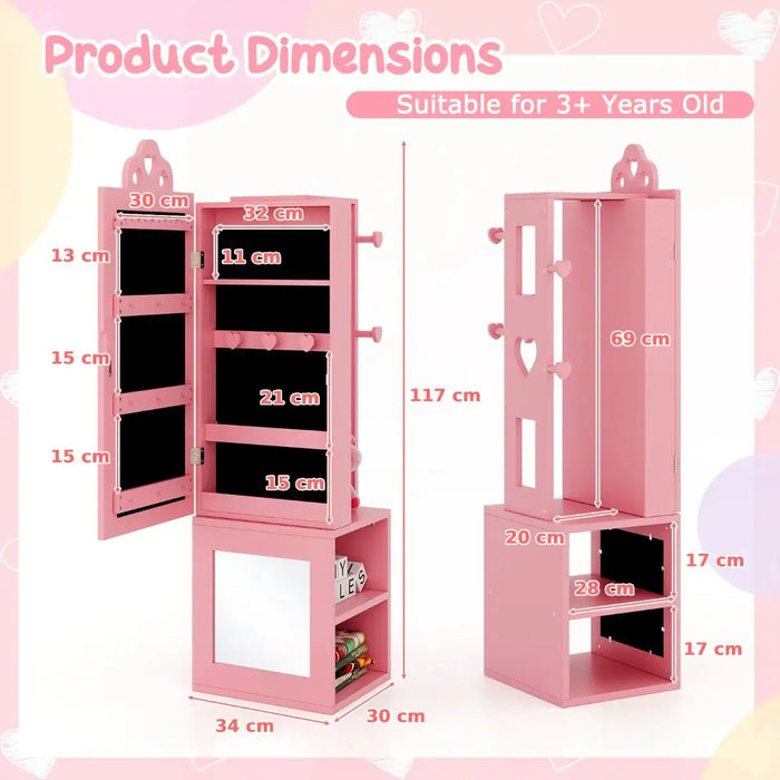 Kids 3-in-1 Jewellery Cabinet - Pink | Heart-Design - Full-Length Mirror COSTWAY - Little and Giant Explorers Costway