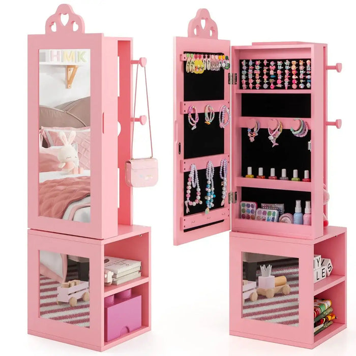 Kids 3-in-1 Jewellery Cabinet - Pink | Heart-Design - Full-Length Mirror COSTWAY - Little and Giant Explorers Costway