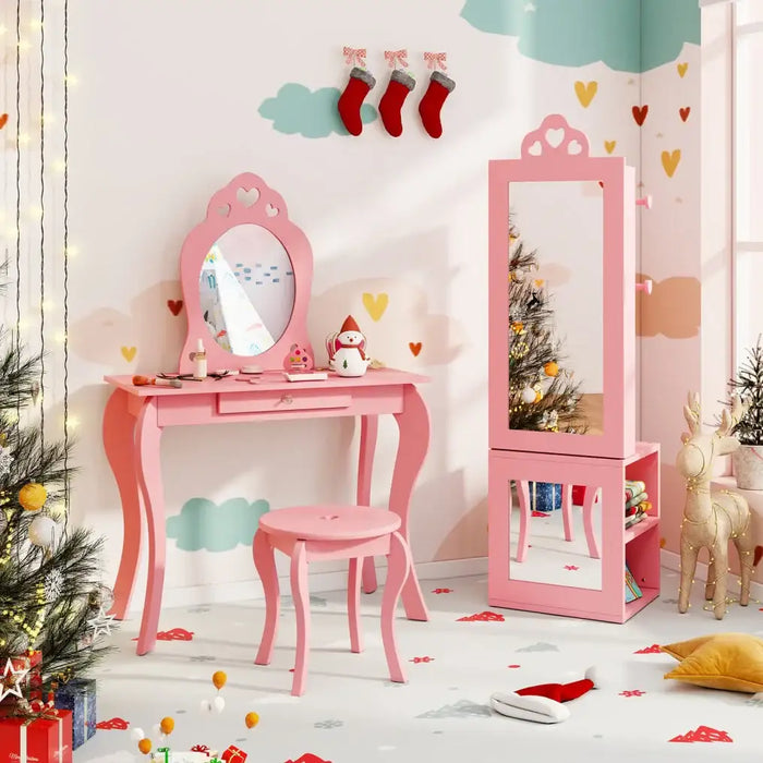 Kids 3-in-1 Jewellery Cabinet - Pink | Heart-Design - Full-Length Mirror COSTWAY - Little and Giant Explorers Costway